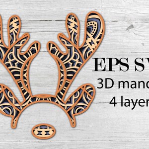 ELK MASK , Joyeux Noël et Bonne Année , mandala 3D , 4 couches , fichiers Svg Eps , Téléchargement numérique