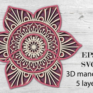 Mandala 14, descarga digital, SVG (capas separados) + archivo Eps, mandala 3D con 5 capas