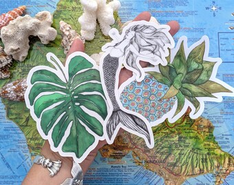 Island Girl Sticker Pack- Monstera Sticker - Mermaid Sticker - Pineapple Sticker - Beach Stickers - Tropical Stickers - Artist Stickers