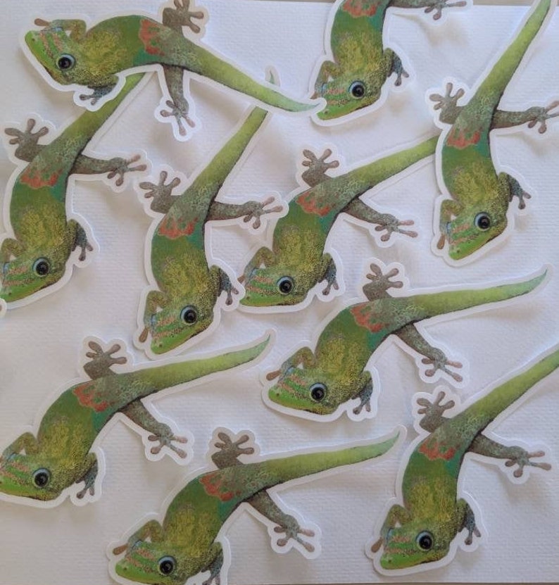 May include: Ten green gecko stickers with white outlines. The geckos are in various poses with their tails curled and their eyes open. The stickers are on a white background.