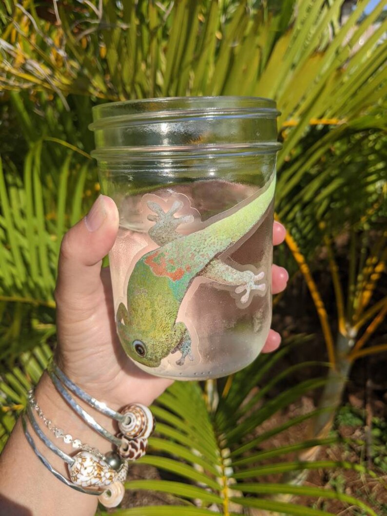 May include: A clear glass mason jar with a green gecko sticker on the side. The jar is filled with water and is being held by a hand wearing silver bracelets with seashells.