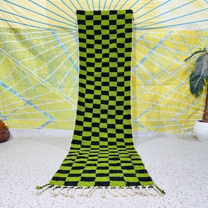 Custom runner rug, Custom Checkered runner, Handmade rug, Berber runner rug, bohemian rug, Beni ourain rug, Green Moroccan rug, Wool rug