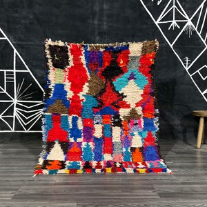 Moroccan Boucherouite rug- Abstract Art Decor- Handmade Cotton rug- Vintage rug.