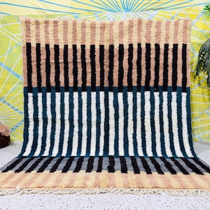 Moroccan Handmade rug ,Beni ourain style Morocco wool Berber Rug, modern Blue rug Hand woven rug Art Design Berber style - Beige Rug Morocco