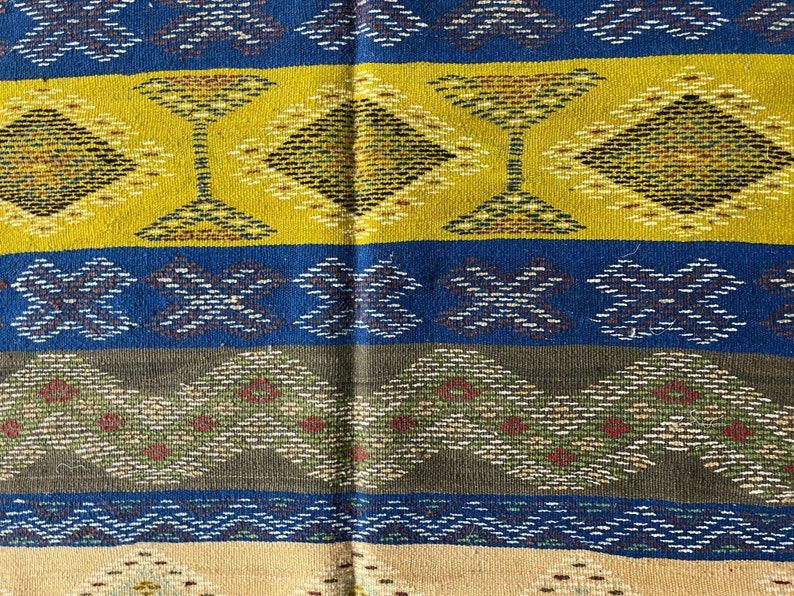 Striped small Moroccan rug, Colorful Kilim Rugs, Geometric Kelim Wool Area Flat Weave Carpet image 10