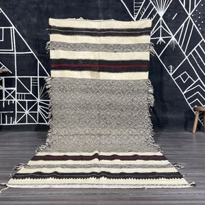 Black And white rug, Hand woven flat Area Carpet, Zanafi rug Handmade Embroidery Rugs