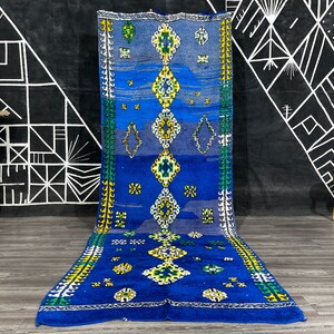 Vintage Morrocan rug, Moroccan Wool Rug, Blue Geometric rug, Large Runner rug, Bohemian rug.