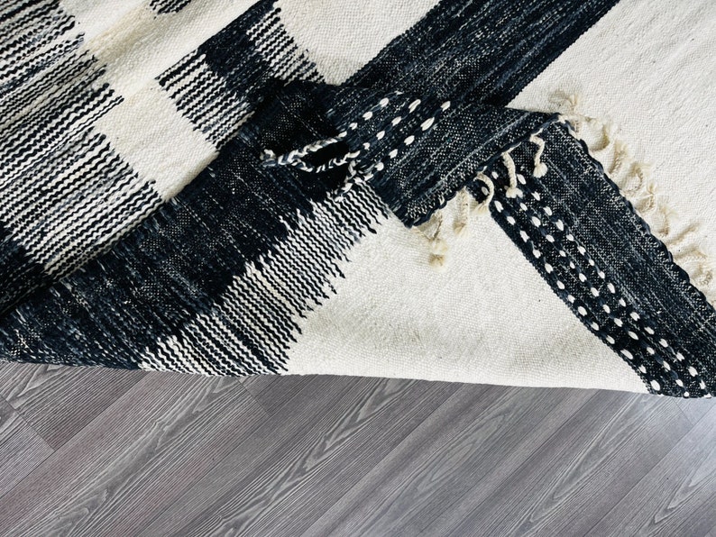 Geometric Handmade rug Black and White Moroccan rug Flat area rug Tapis Kilim Flat woven rug Moroccan Kilim Custom rug. image 10