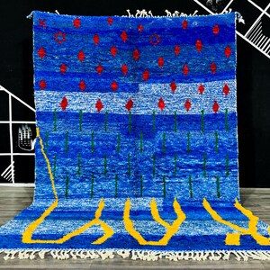 Customize in any Size Bohemian Shag Style Ivory Blue Wool Hand Knotted Moroccan Beni Ourain Berber Rug