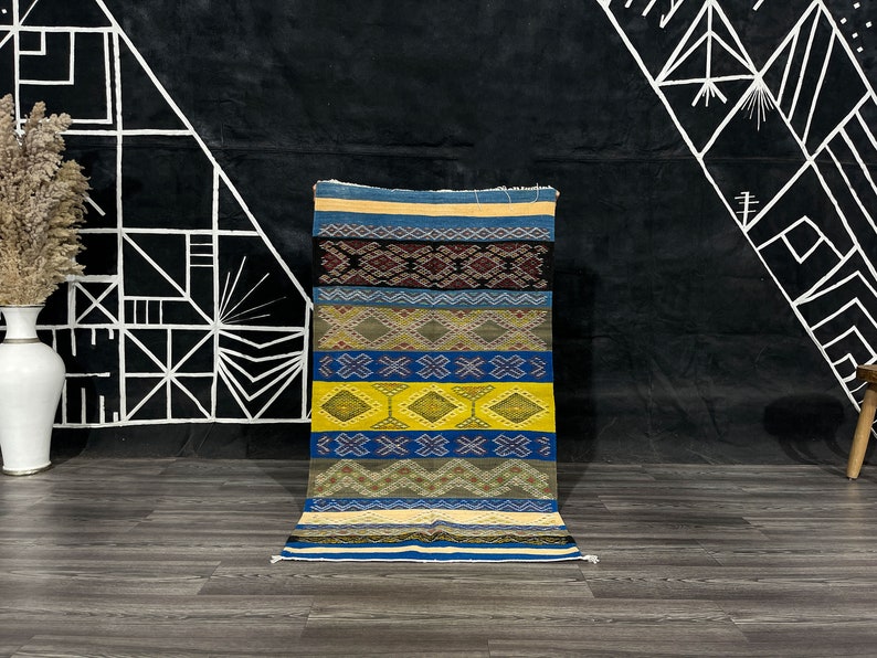 Striped small Moroccan rug, Colorful Kilim Rugs, Geometric Kelim Wool Area Flat Weave Carpet image 1