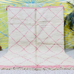 White and Pink Wool Rug, Moroccan Striped Rug, Handwoven Berber Carpet, Pink Wool Rug, Custom Area Rug, Pink Accent Rug