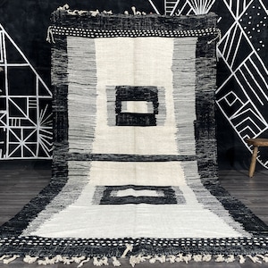 Geometric Handmade rug Black and White Moroccan rug Flat area rug Tapis Kilim Flat woven rug Moroccan Kilim Custom rug. image 1