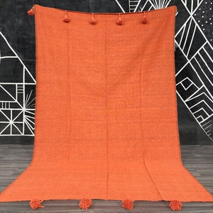 Orange Handmade King Bedspread, Moroccan Cotton Throw Blanket, Queen Size Bedspread, Plaid Striped Large Throw, Farmhouse Decor