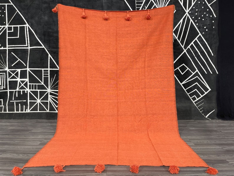 ORANGE WOOL BLANKET Moroccan Blanket Handmade Soft Wool Moroccan Ivory Blanket Birthday Gift For Mom Comfy Blanket Bedroom Decor Gift image 2