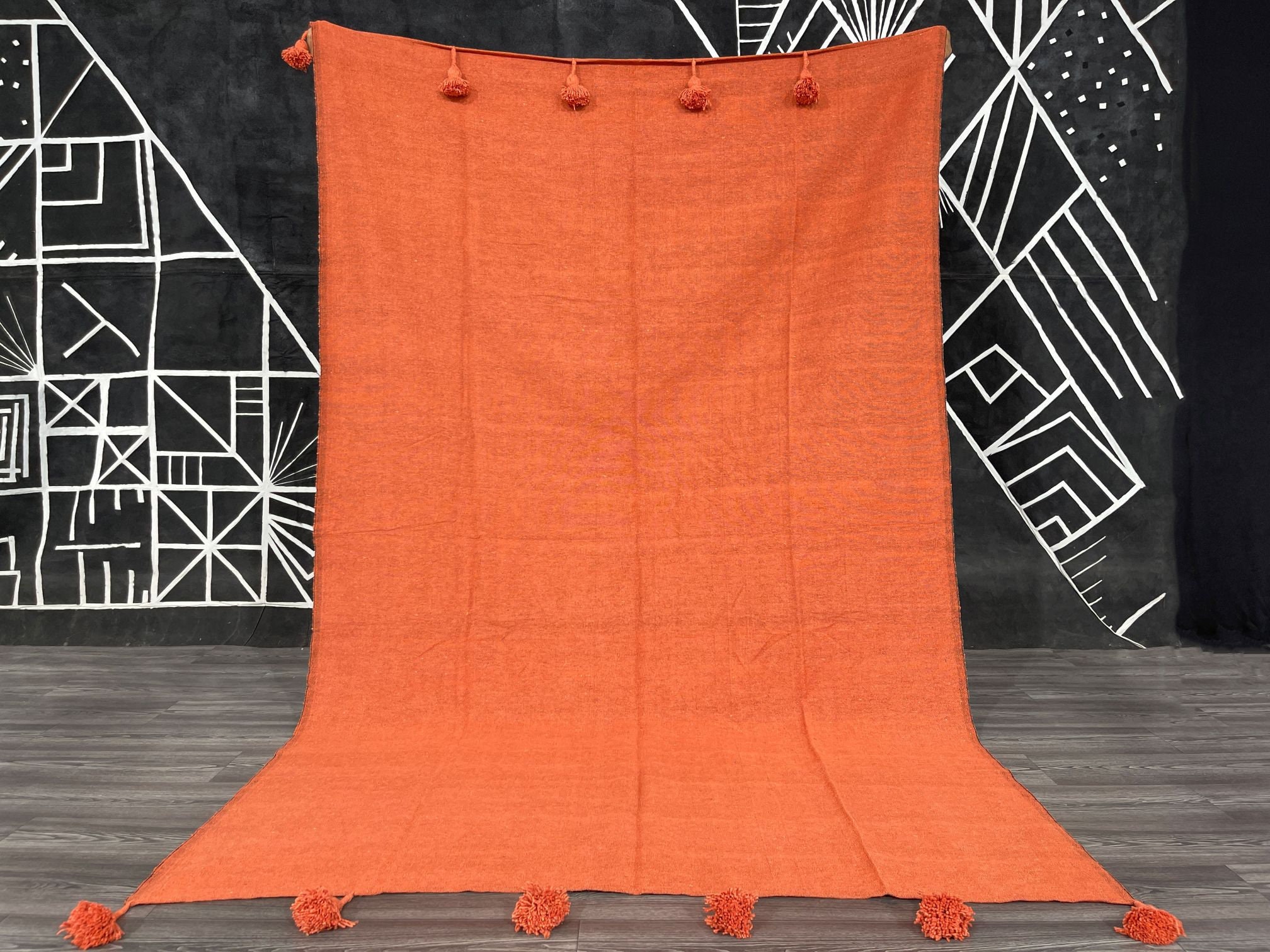 Orange Handmade King Bedspread, Moroccan Cotton Throw Blanket, Queen Size Bedspread, Plaid Striped Large Throw, Farmhouse Decor
