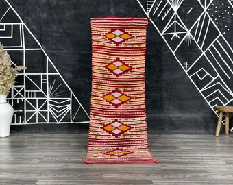 Boho Striped Runner- Handmade Wool Rug- Taznakht Kilim Runner- Kilim Rug Red- Southwestern Kilim- Hallway Floor Runner.