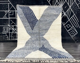 Moroccan rug - Beni ourain rug - Berber rug - Moroccan rug blue - Contemporary rug - White rug - wool rug - Handmade rug