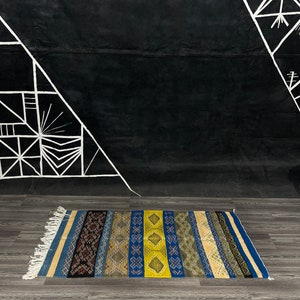 Striped small Moroccan rug, Colorful Kilim Rugs, Geometric Kelim Wool Area Flat Weave Carpet image 2