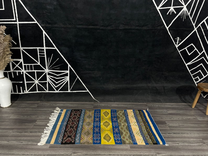 Striped small Moroccan rug, Colorful Kilim Rugs, Geometric Kelim Wool Area Flat Weave Carpet image 2