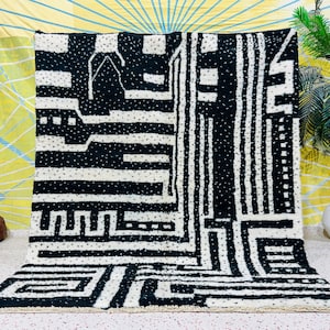 Custom Black and White Wool Rug, Handmade Beni Ourain Style