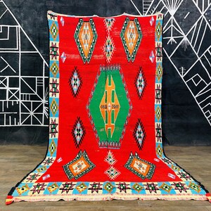 Handmade Woolen Carpet For Boho Chic Decor- Red Vintage Boujaad Rug- Handwoven Moroccan Rugs.