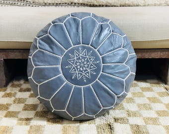 Grey Leather Pouf Ottoman, Moroccan Round Handmade Floor Cushion (Unstuffed)