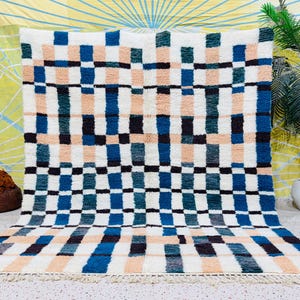 Checkered Moroccan Rug, Beni Ourain rug, Modern Checkered rug, blue and Beige Checkered Berber rug.