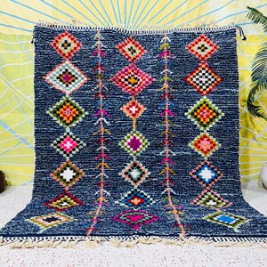 Blue Wool Hand Woven Geometric Modern Boho Rug, Customize in Any Size.