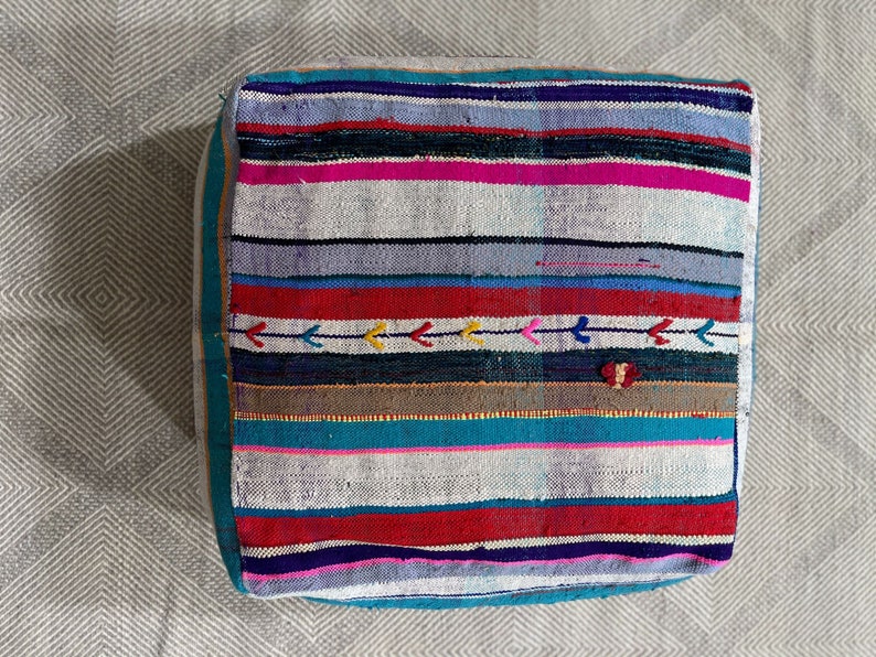 Vintage Moroccan Boujaad Pouf, Moroccan Pouf, Floor Cushion Rug Happy colors image 8
