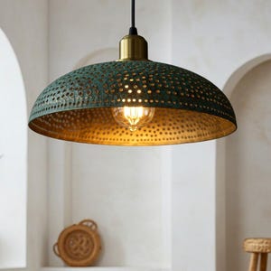 Modern Copper Dome Lamp Green Patina, Hammered Dome Lamp, Copper Dome Ceiling Lamp for Kitchen Island.