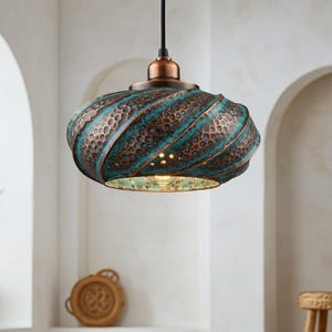 Solid Copper Farmhouse Kitchen Ceiling Light Fixture, Hammered dome lighting, green patina dome pendant light copper.