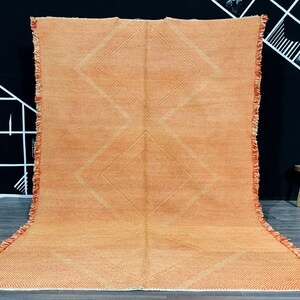Bohemian Geometric Orange Kilim Rug, Hand woven Modern Abstract, Flat weave rug.
