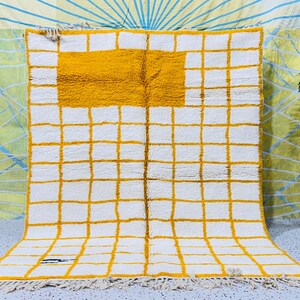Handmade Yellow and White Geometric Wool Rug, Boho Grid Pattern Carpet, Modern Moroccan Style Living Room Rug.
