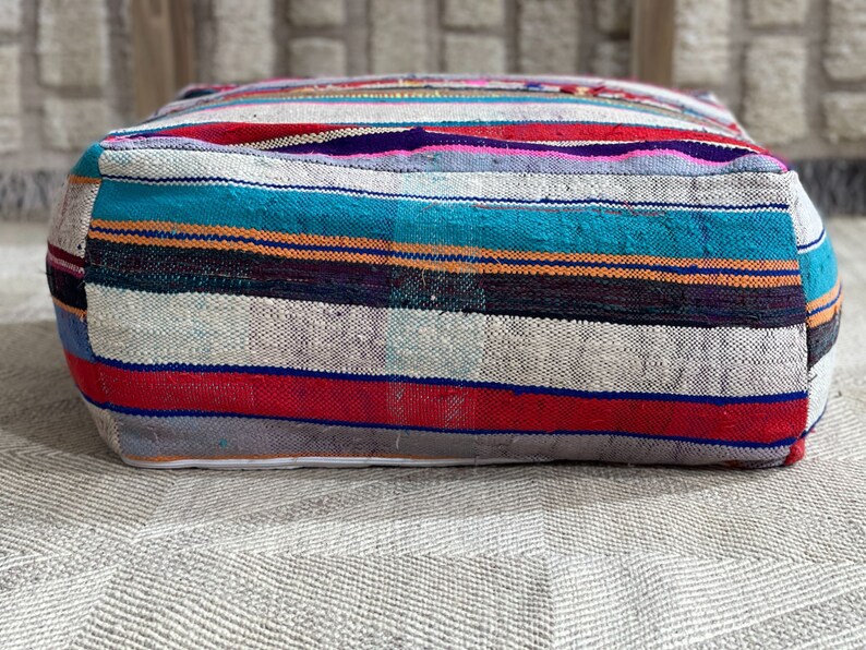 Vintage Moroccan Boujaad Pouf, Moroccan Pouf, Floor Cushion Rug Happy colors image 9