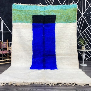 MOROCCAN RUG, Solid blue rug, Handmade wool carpet, Custom rug, Wool morocco rug, Berber rug, area rug, White rug 8x10
