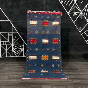 Geometrische natuurlijke Bleu Kilim Wool Area Rug, Flat Weave Carpet, Marokkaans tapijt