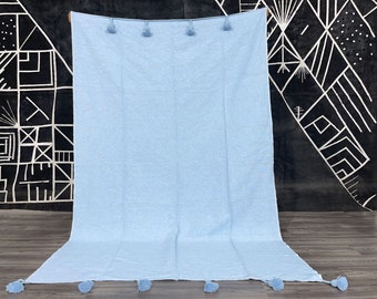 Pom pom moroccan blanket, Blue morocco woven throw blanket, Soft Cozy blanket, Customized colors, free shipping