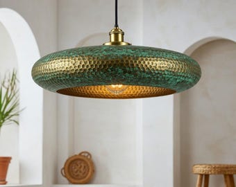Handmade Hammered Brass Pendant Light, Green Patina, Moroccan Chandelier