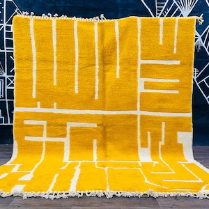 HANDMADE MOROCCAN RUG - Moroccan area rug - Yellow Beni ourain custom rug for living room - mid century modern - Tufted Berber rug.