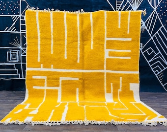 HANDMADE MOROCCAN RUG - Moroccan area rug - Yellow Beni ourain custom rug for living room - mid century modern - Tufted Berber rug.