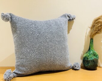 Handmade Moroccan Cotton Pillow, Neutral Grey Pom Pom Cushion, Boho Decor