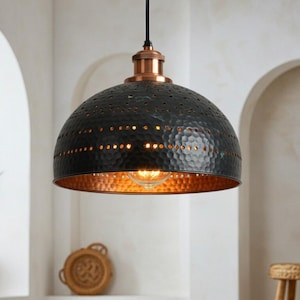 Black and Gold Kitchen Island Pendant Lights, Unique Hammered Brass Dome Light Fixtures, Modern Black Pendant Lamp Shade