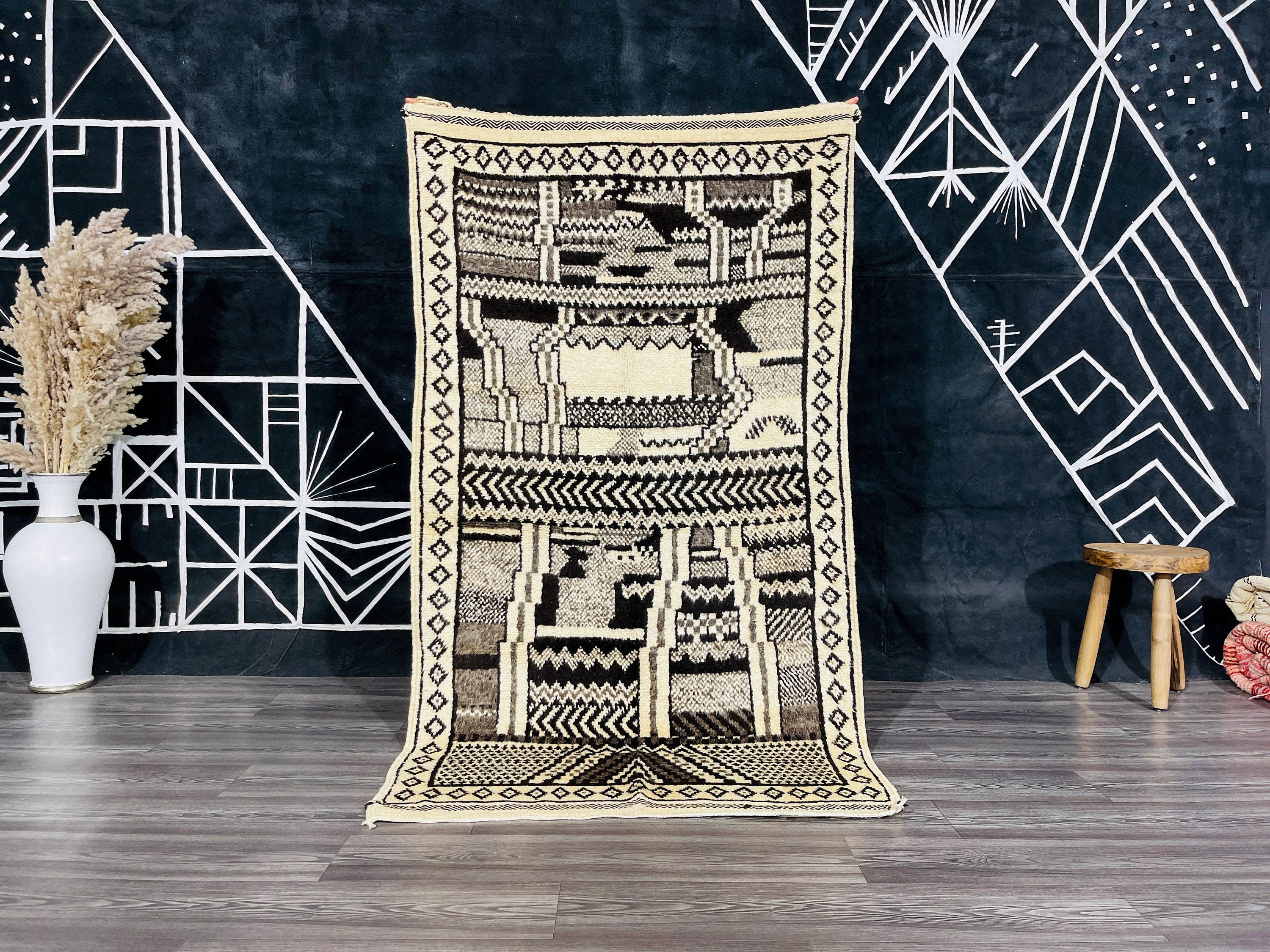 One of kind Vintage Moroccan Latch Hook Rug Wall Hanging rug Moroccan rug brown and beige