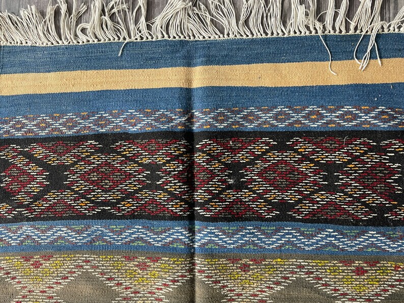 Striped small Moroccan rug, Colorful Kilim Rugs, Geometric Kelim Wool Area Flat Weave Carpet image 5