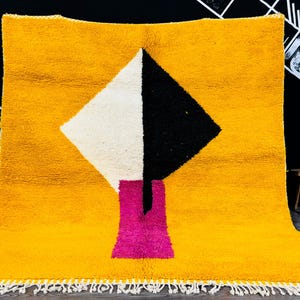 Abstract Yellow Rug, Woven Berber Area Rug, Moroccan Handmade Custom Rug, Contemporary Wool Carpet, Beni Ourain Carpet