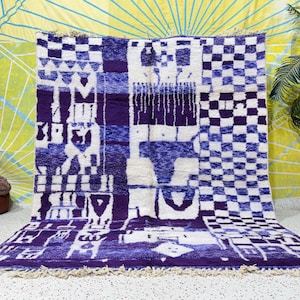 Bohemian artistic purple rug, Moroccan wool rug, Custom handmade Berber Carpet.