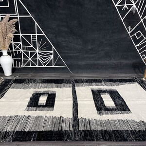 Geometric Handmade rug Black and White Moroccan rug Flat area rug Tapis Kilim Flat woven rug Moroccan Kilim Custom rug. image 2