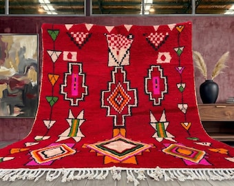Alfombra roja Beni Ourain hecha a mano: alfombra bereber de lana marroquí