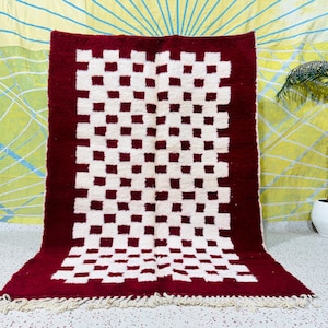 Royal soft wool rug, Checkered red rug, Flaffy area carpet, handmade Beni ourain rug.