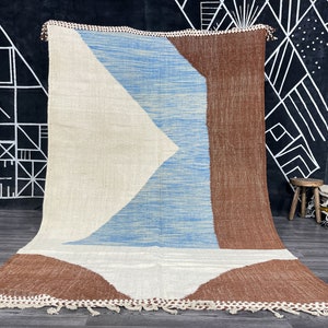 Moroccan rug - flatweave rug - kilim rug  -Custom rug - flat Area rug - brown rug - Moroccan rug - Brown And Blue Rug.
